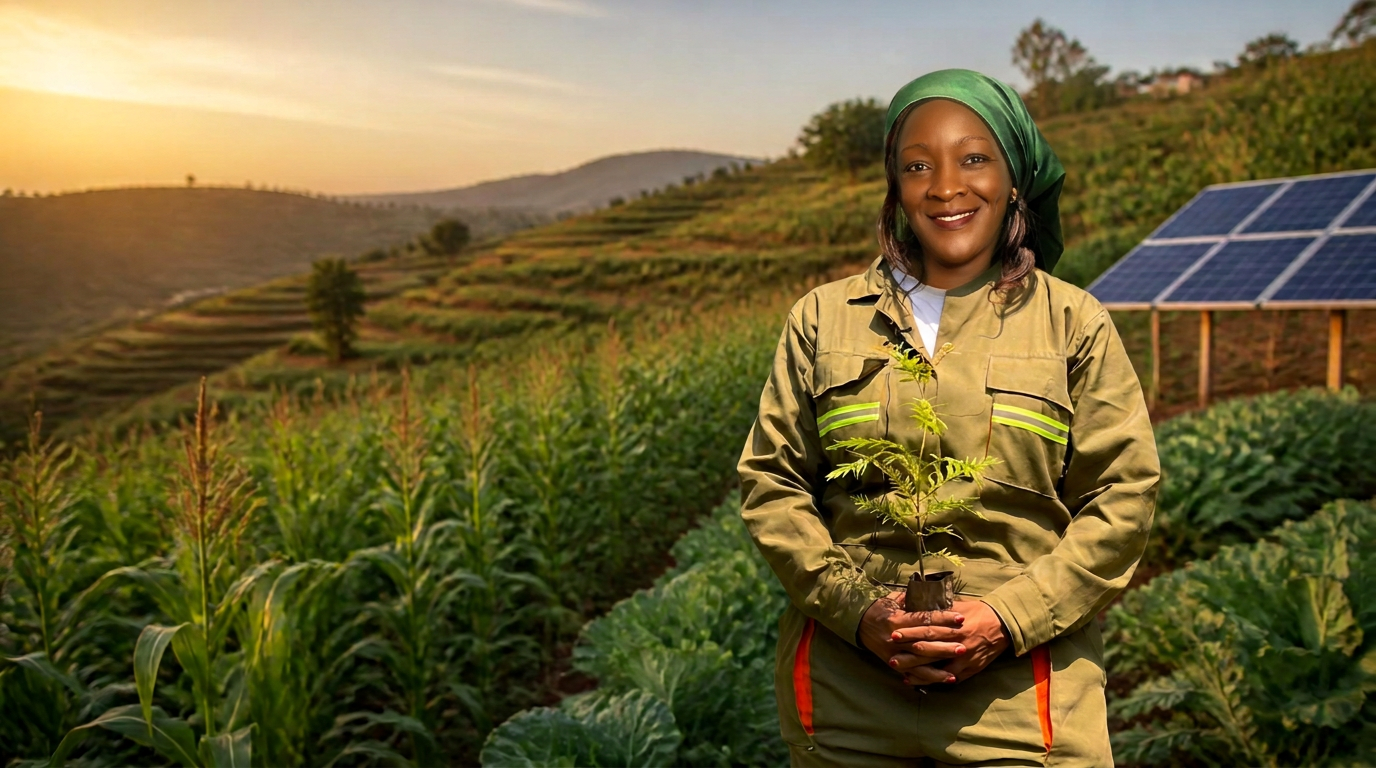 A woman holding a tree seedling on a Kenyan farm at golden hour